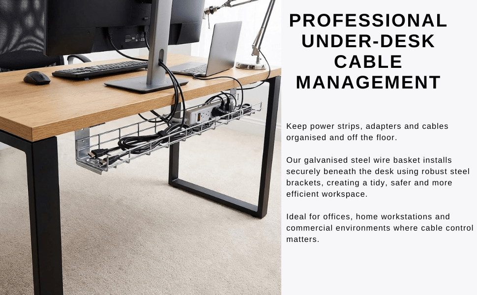Under desk cable management system using a wire basket under desk cable tray to organise power strips and cables