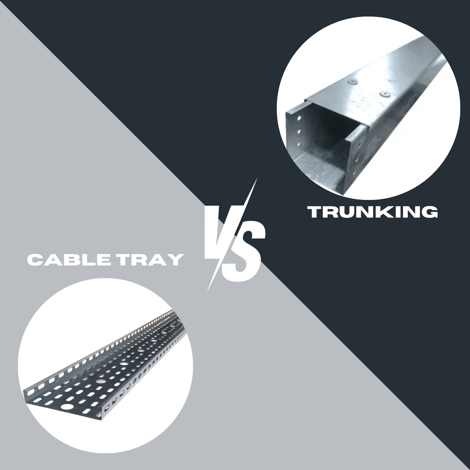 Cable tray vs cable trunking comparison showing open perforated tray and enclosed steel trunking system