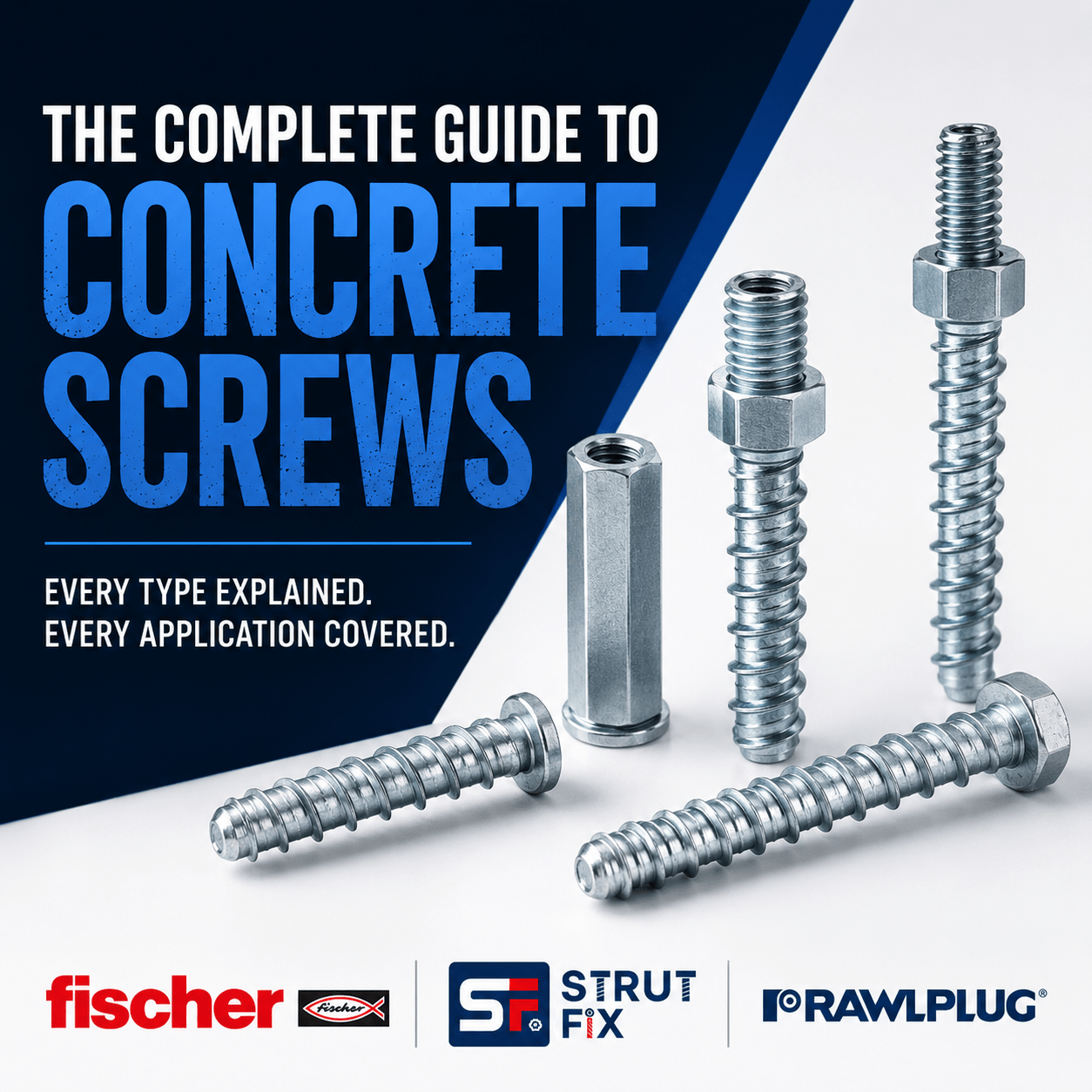 Concrete screws and thunderbolts including Strut Fix Fischer FBS and Rawlplug flanged anchor for HVAC and construction fixing
