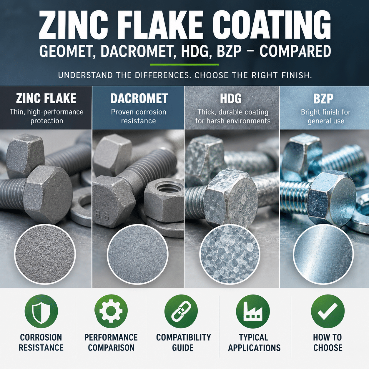 Zinc flake coating comparison showing GEOMET, DACROMET, hot dip galvanised (HDG) and bright zinc plated (BZP) steel fixings.
